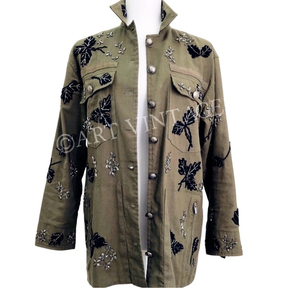 The Kooples Paris Designer Beaded Embroidered Green Parka Coat Women's Jacket S - Picture 3 of 11